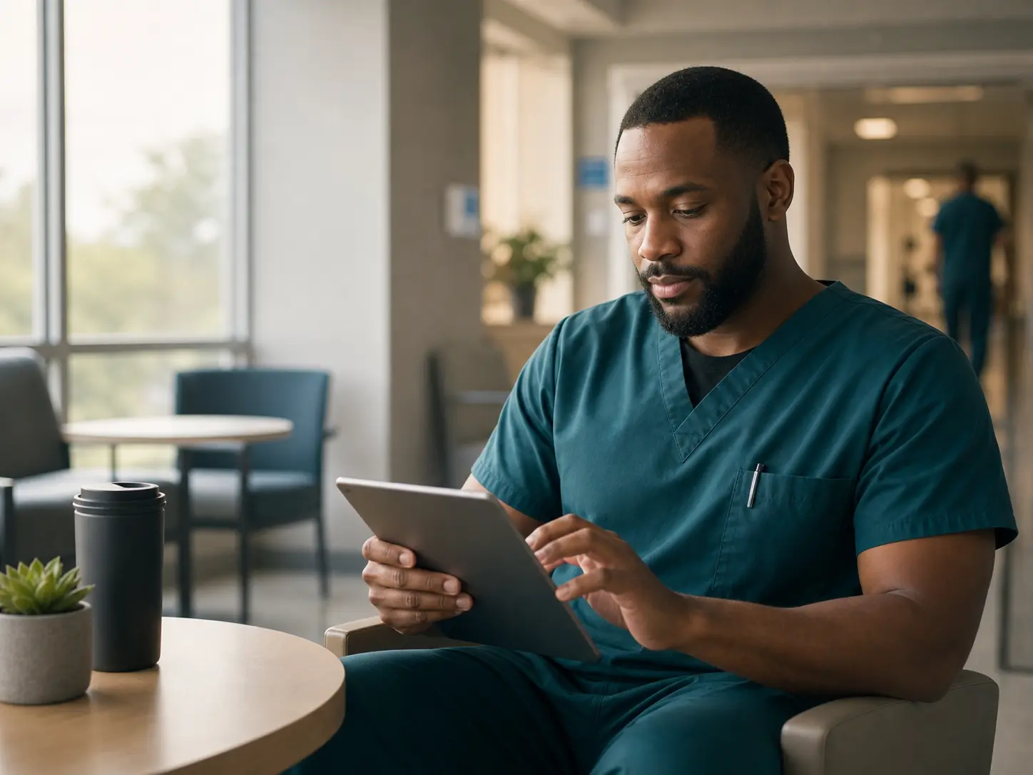 Nurse reviewing healthcare job opportunities on a tablet
