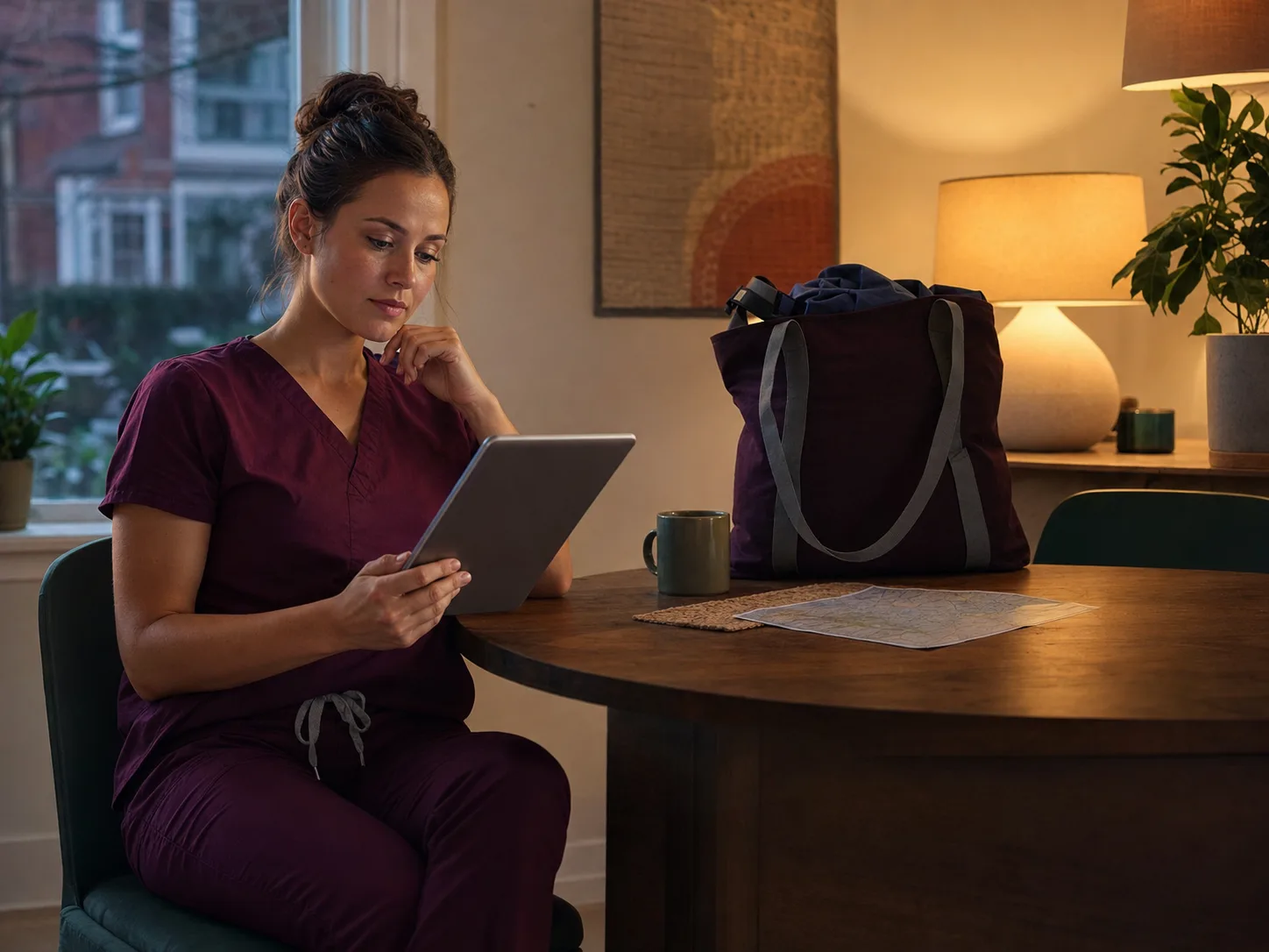 Clinician comparing healthcare job offers on a tablet