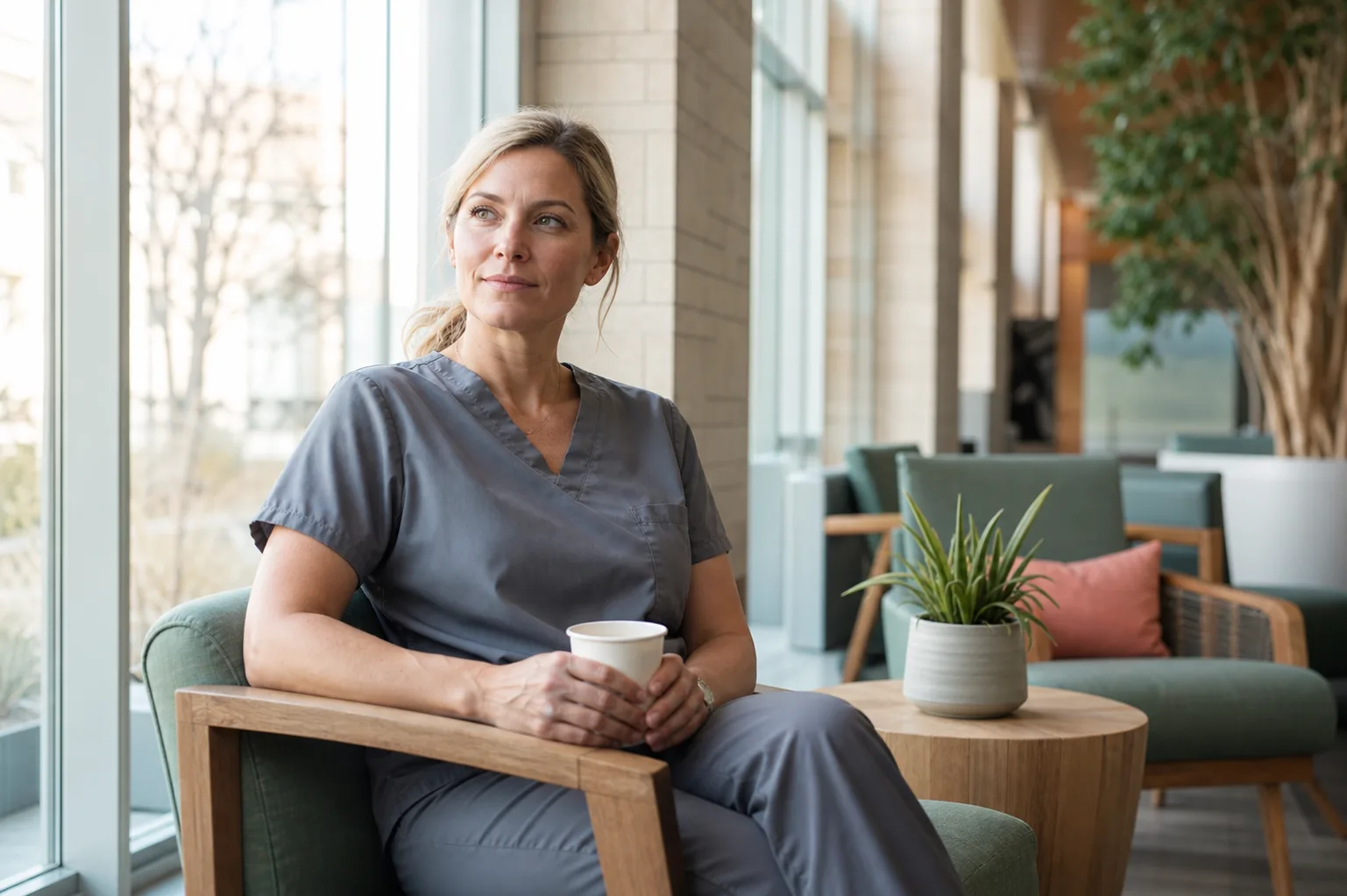 Experienced clinician taking a quiet break in a hospital atrium