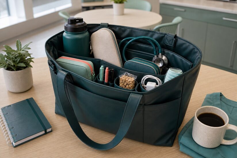 A nurse's work tote sitting open on a hospital breakroom table, packed with a water bottle, stethoscope case, and a small zippered pouch
