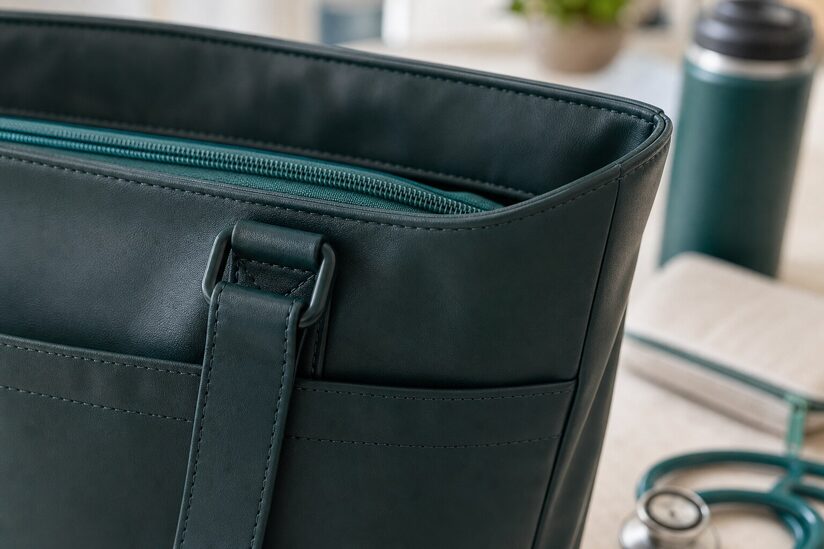 Close-up of a durable nursing tote bag's reinforced stitching and water-resistant fabric exterior