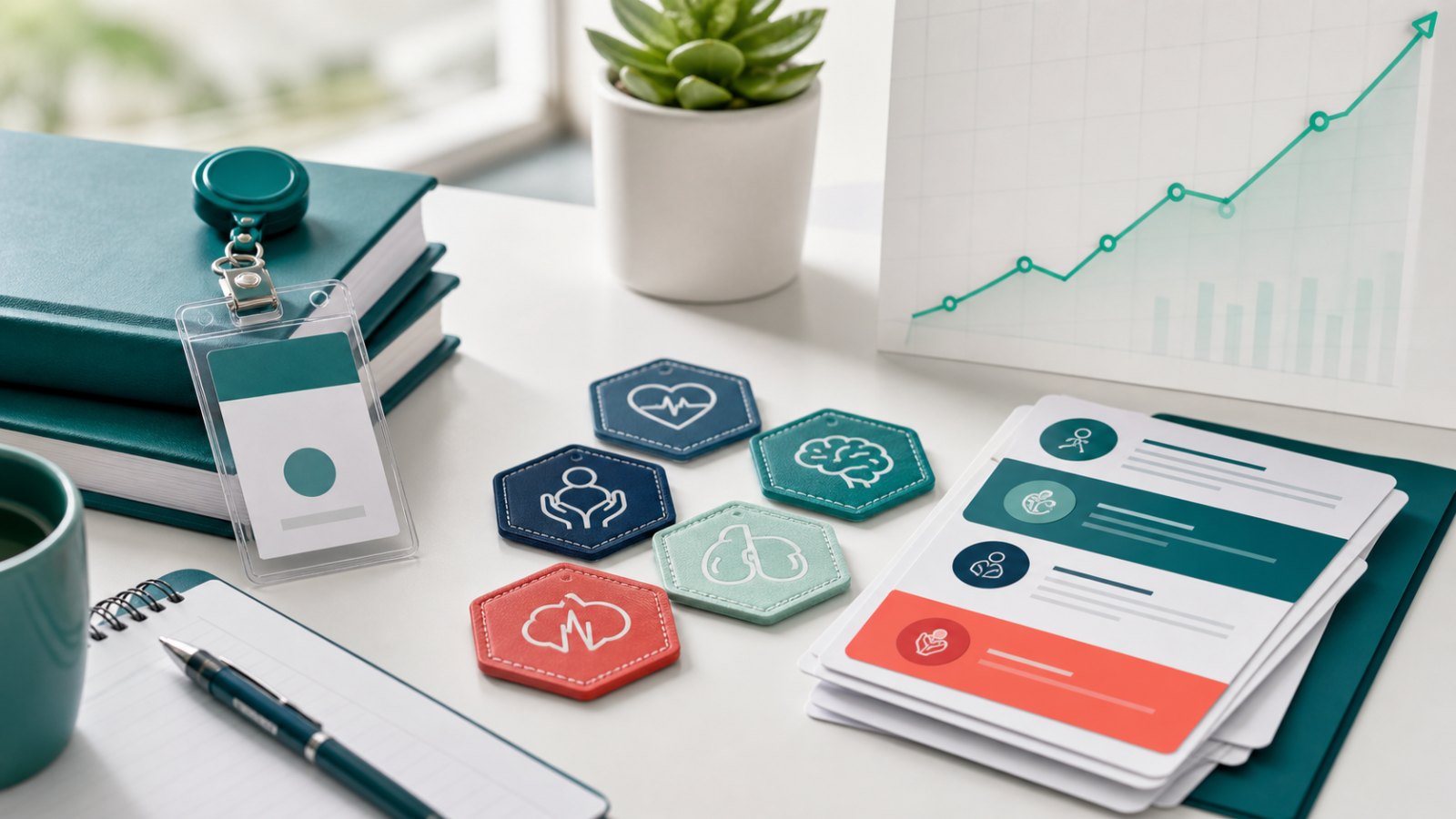 Nursing certification badges and a rising pay signal chart on a clinical career desk.