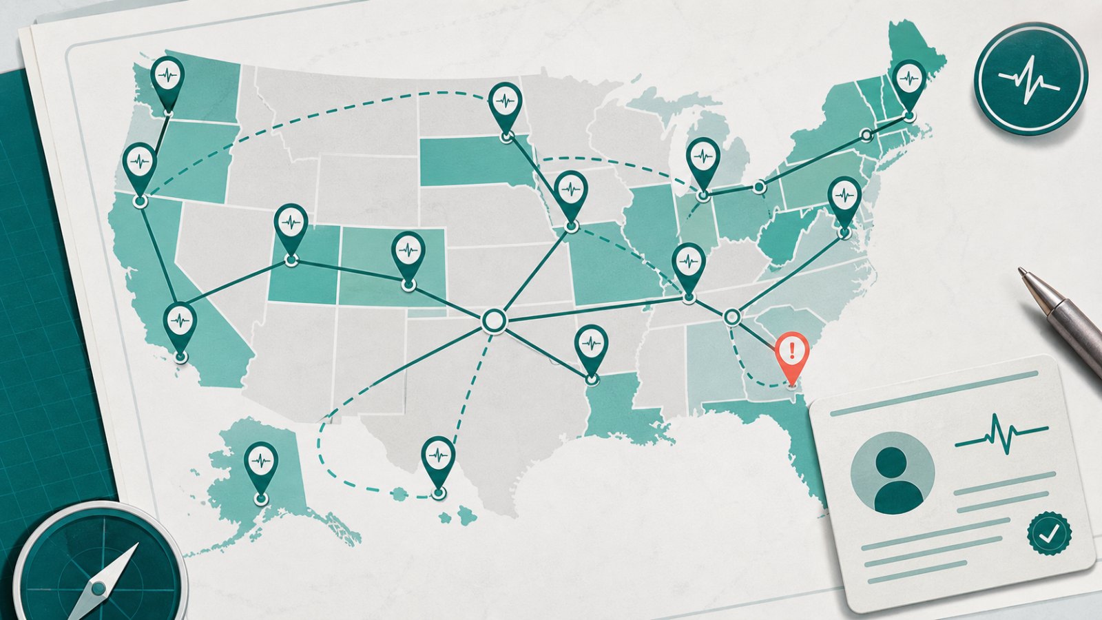 Connected compact license map with clinical pins across multiple states.