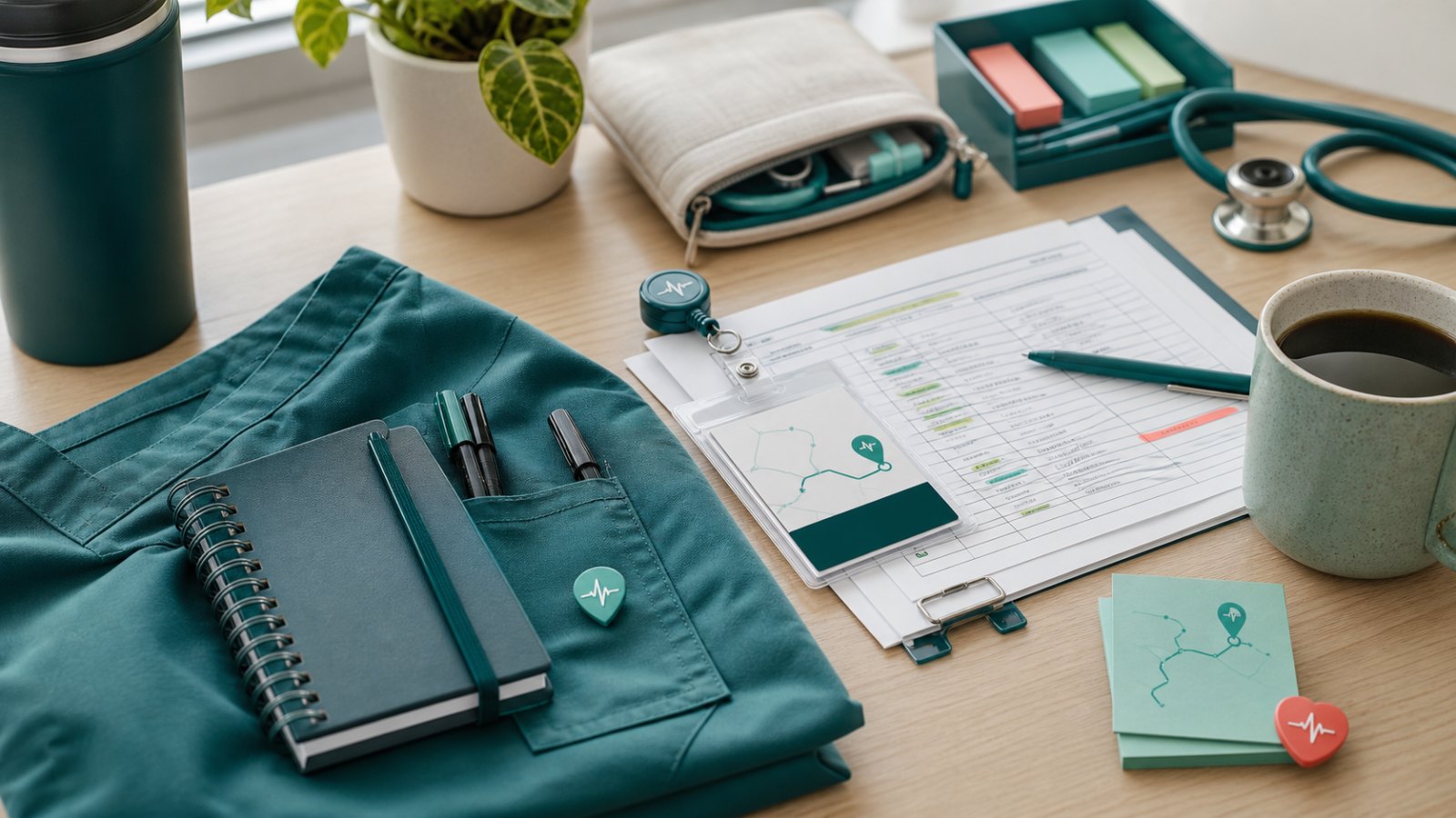 New nurse shift-prep desk with scrubs, notebook, badge, and organized handoff sheets.