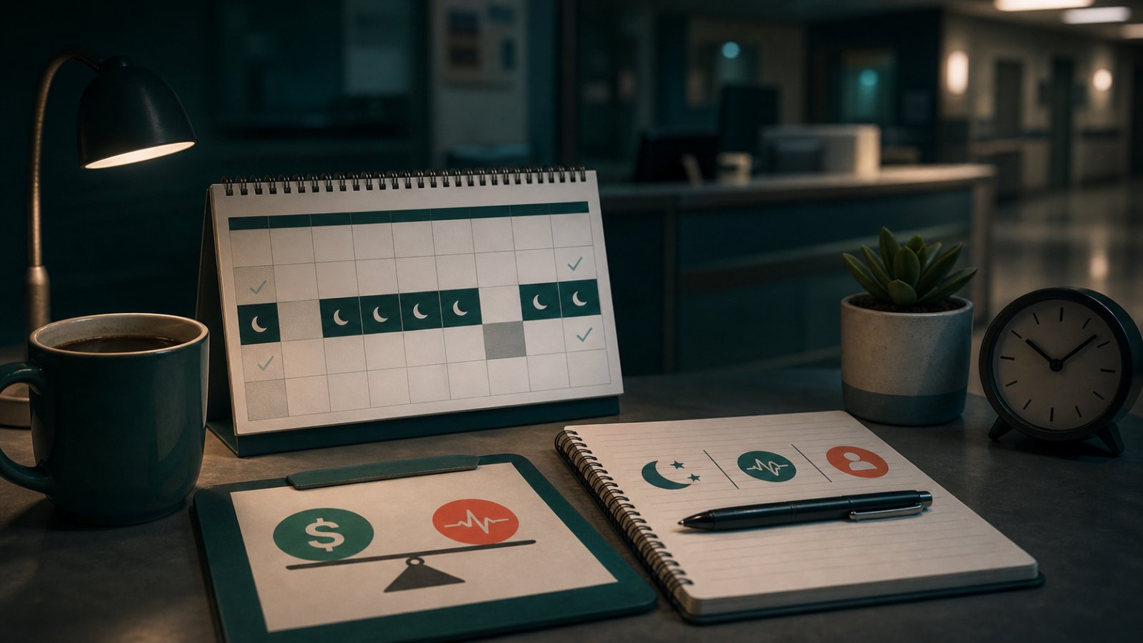 Night shift planning desk with calendar, coffee, clock, and pay-versus-recovery symbols.
