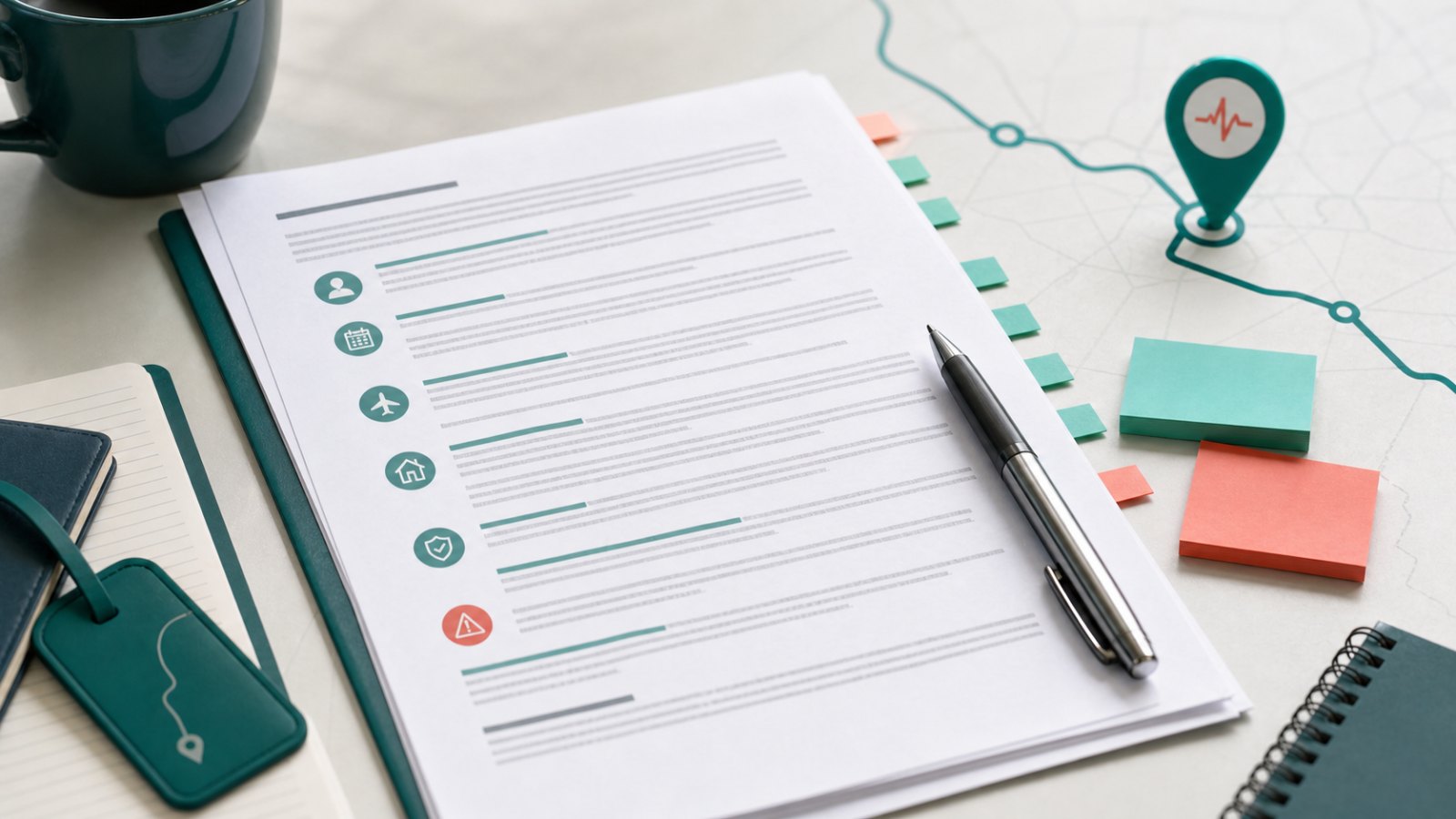 Travel nurse contract packet marked for review beside a clinical route marker.