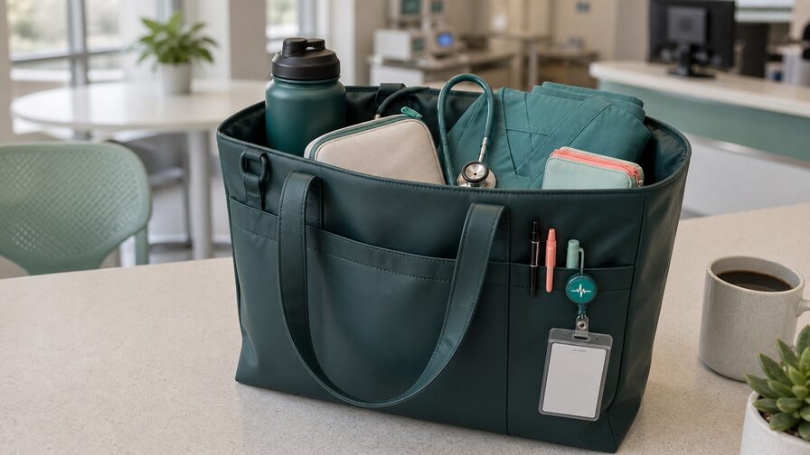 A durable nursing tote bag packed with a stethoscope, water bottle, and supplies, ready for a hospital shift