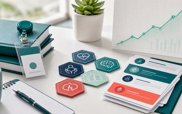 Nursing certification badges and a rising pay signal chart on a clinical career desk.
