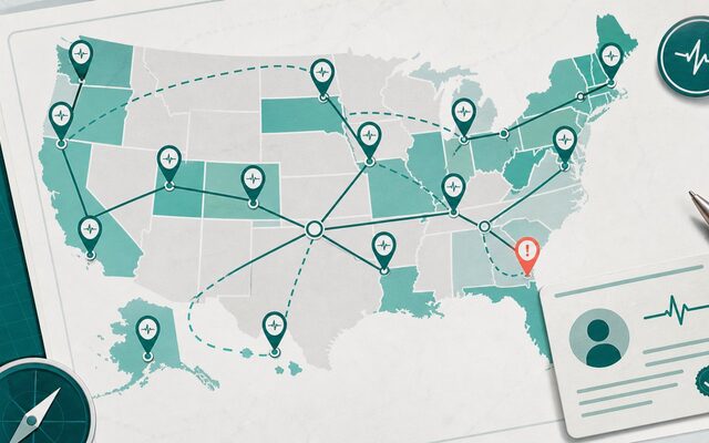 Connected compact license map with clinical pins across multiple states.