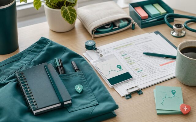 New nurse shift-prep desk with scrubs, notebook, badge, and organized handoff sheets.