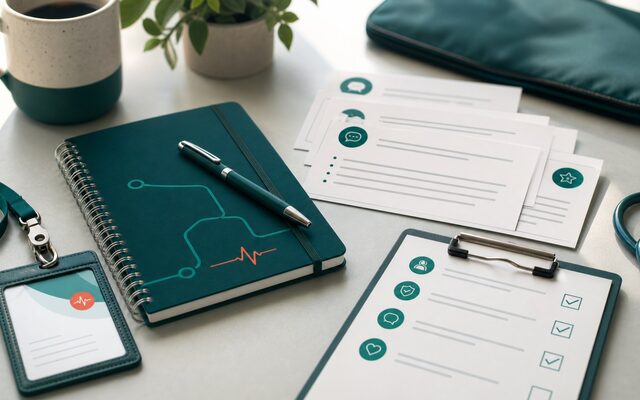 Nursing interview preparation desk with notes, checklist cards, badge, and pulse-route motif.