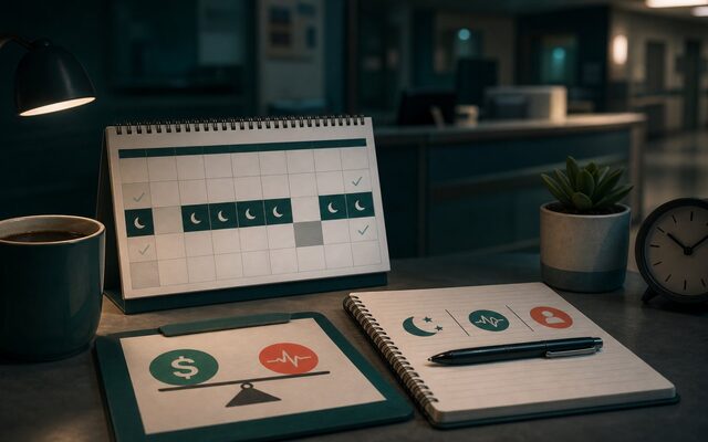 Night shift planning desk with calendar, coffee, clock, and pay-versus-recovery symbols.