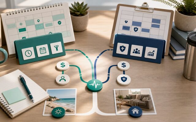 Two connected scheduling paths comparing flexible per diem work with stable staff work.
