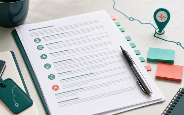 Travel nurse contract packet marked for review beside a clinical route marker.